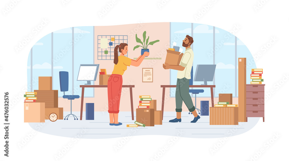 Man and woman moving an office, changing housing or buying new apartment. Vector people and paper boxes, packing or unpacking furniture, belongings. Room interior design, workplaces and workspace