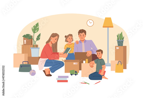 People relocating to new apartment, gather things in boxes, family together mother, father and son cartoon characters. Vector couple and children unpacking packages in living room, packing belongings