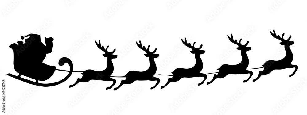 Santa Claus is flying in sleigh with Christmas reindeer.