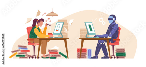 Human vs robot, girl scientist and cyborg sitting at tables with computers, collaboration, competition of minds flat cartoon characters. Vector artificial intelligence automation against female person
