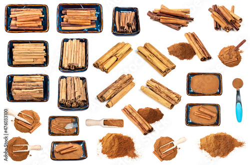 set of various cinnamon sticks and powder cutout