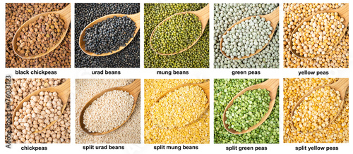 set of various peas in wood spoons closeup photo