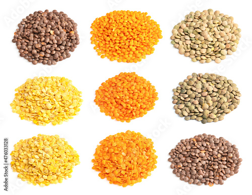 set of piles of various lentils cutout on white