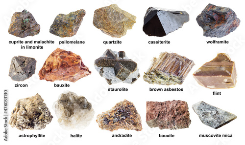 set of various brown rough minerals with names