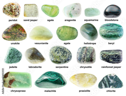 set of various polished green stones with names