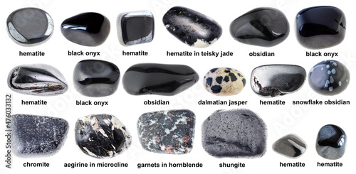 set of various polished black stones with names photo