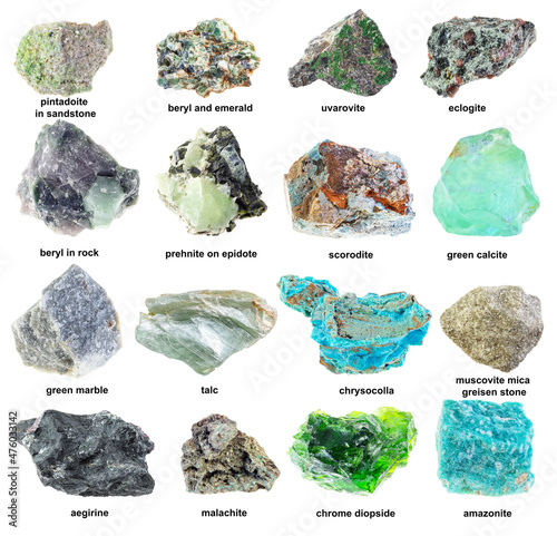 arious raw green rminerals with names cutout photo
