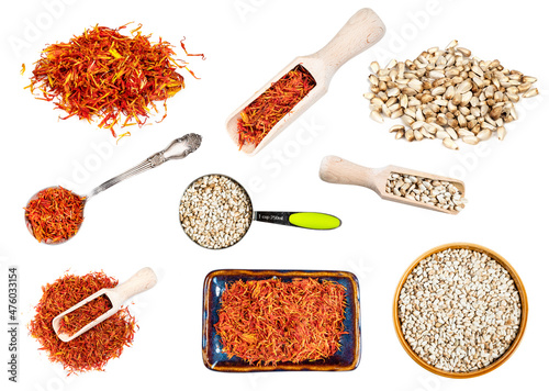 Valokuva set of Safflower seeds and petals cutout on white
