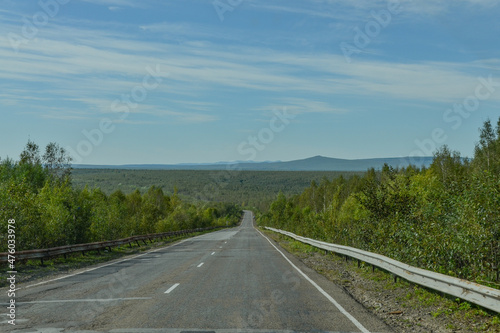 Lidoga - Vanino highway crossing taiga and Sikhote-Alin mountains in Khabarovsky krai, Russia photo