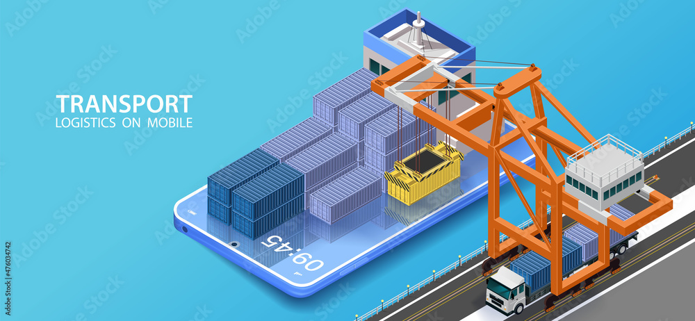 Vector isometric industrial cargo port.Check the shipping port via mobile.Container terminal with cranes, container carrier ship and warehouse. Vessel unloaded by gantry cranes - obrazy, fototapety, plakaty 