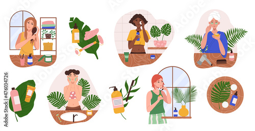 Set of cute young women during daily hygiene in the bathroom. Women applying natural cosmetics products to face and hair. Flat Vector illustration isolated on white background.