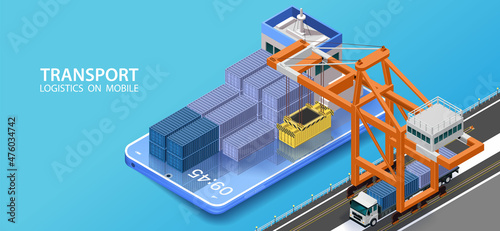 Vector isometric industrial cargo port.Check the shipping port via mobile.Container terminal with cranes, container carrier ship and warehouse. Vessel unloaded by gantry cranes photo