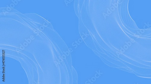 Two deformed circle shapes. Blue background, white grid. Abstract animation, 3d render.