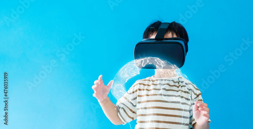 kid child toddler boy learning geography space virtual reality vr glasses.future digital technology.boy play VR virtual.future technology.Online learning education student innovation tech metaverse.