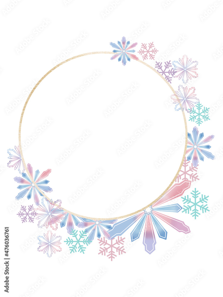 Snowflake winter set of blue pink purple gray pastel isolated wreath round border label on white