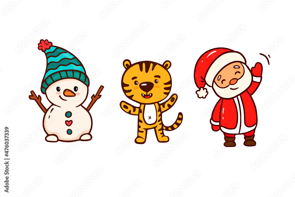 Santa claus , snowman and tiger.
New Year characters.Set of
Christmas and New Year symbols.Christmas card.
Vector illustration Santa claus , snowman and tiger.
New Year characters.Set of
Christmas and New Year symbols.Christmas card.
Vector illustration