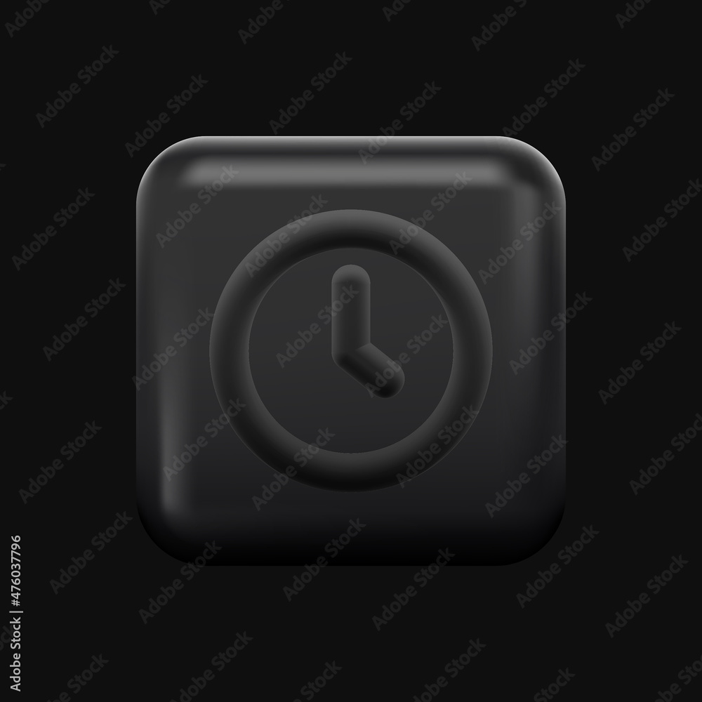 Black Clock Icon. Isolated 3D Square App Button. Vector illustration Black Clock Icon. Isolated 3D Square App Button. Vector illustration