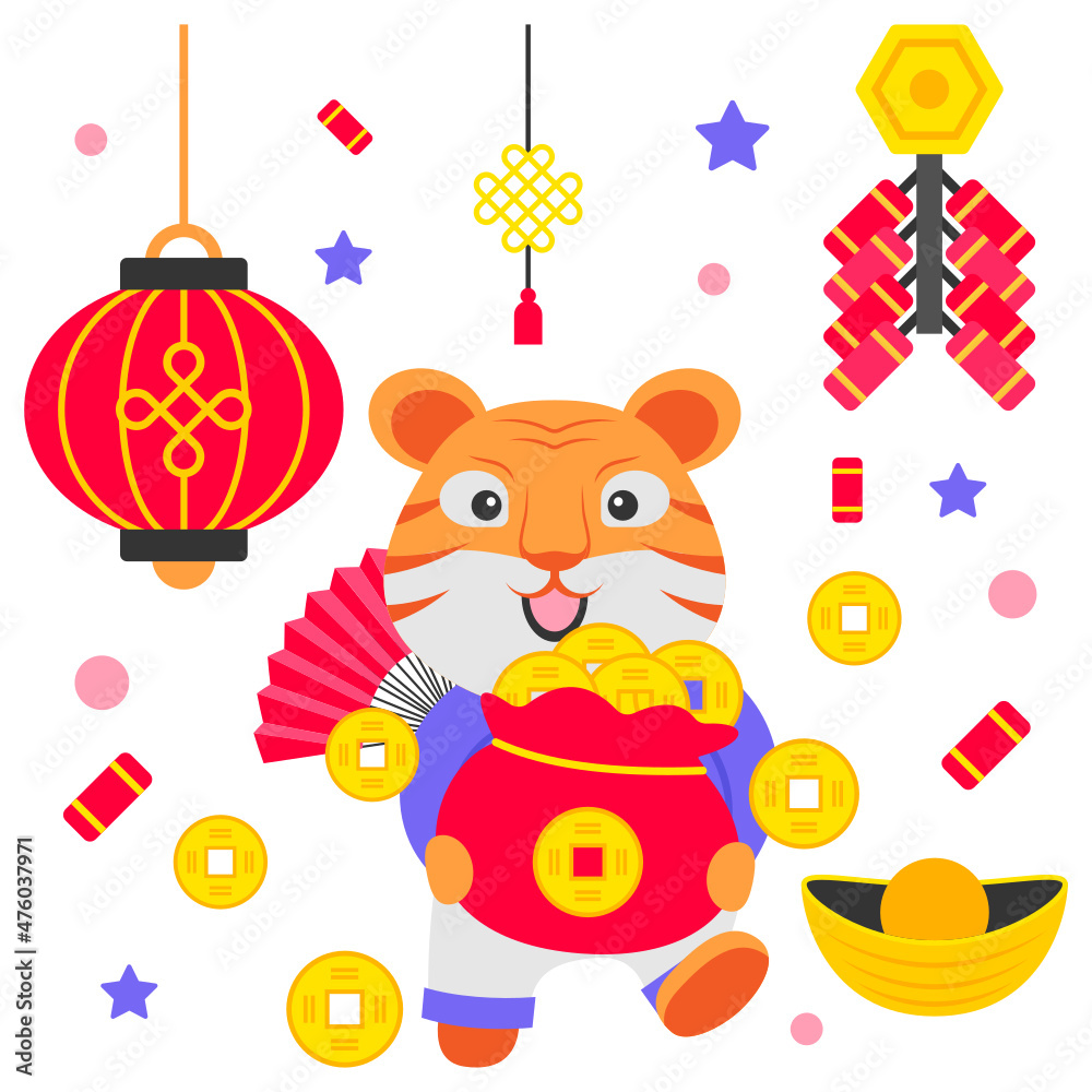 Naklejka premium Baby Tiger holding bag of feng shui coins Concept Vector Color Icon Design, Traditional Chinese Culture Symbol, Year of the Tiger 2022 Sign, China Travel Guide Stock Illustration