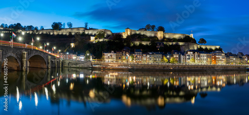Panoramic Namur Citadel with Meuse river and the bridge in the evening. Namur, Belgium. © Bilal