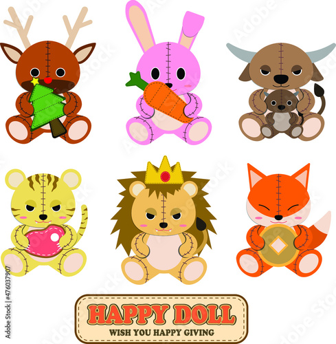 Collection of stuffed animals, deer, rabbits, buffalo, tigers, lions, foxes, holding gifts, vector patterns white background