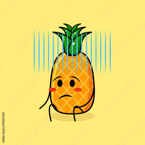 cute pineapple character with hopeless expression and sit down. green and yellow. suitable for emoticon, logo, mascot