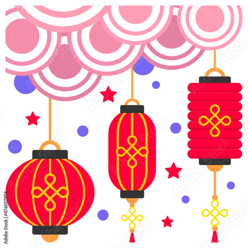 Lantern Festival with Stars Concept, Chap Goh Me Vector Color Icon Design, Traditional Chinese Culture Symbol, Year of the Tiger 2022 Sign, China Travel Guide Stock Illustration