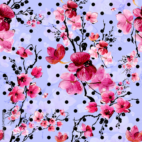  Abstract seamless drawn pattern exotic lovely orchid flowers photo