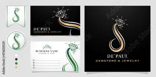 illustration of a logo concept with letter d or letter s, gold silver and green emerald colors design, applicable for jewelry store, logo company and corporate, gemstone symbol and icon luxury.