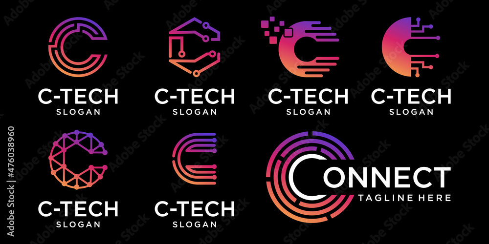 C initial Tech logo vector set, Cool C Initial Wire logo template vector