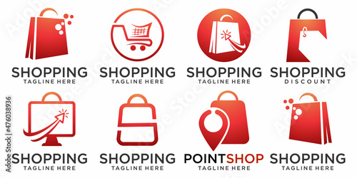Online Shop icon set Logo designs template.Combination,shop,shopping bag,trolley,computer and map