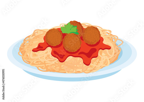 Spaghetti with meatballs and tomato sauce icon vector. Plate of spaghetti pasta icon isolated on a white background. Italian-American dish vector