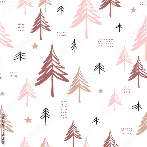 Seamless pattern with pine trees on white background. Stylized forest background. Vector illustration.