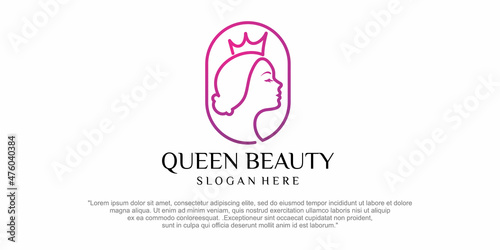 Queen beauty logo and crown woman face silhouette character illustration vector