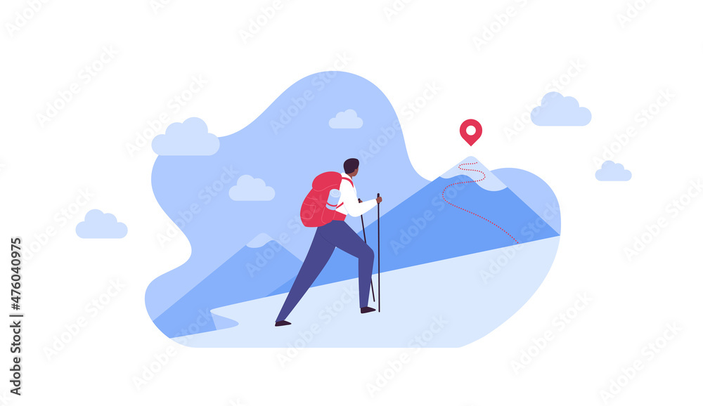 Tourism and hike adventure concept. Vector flat people illustration. Man tourist with walking sticks in hands climbing. Mountain with road and pin on top symbol. Design for nature park journey. Tourism and hike adventure concept. Vector flat people illustration. Man tourist with walking sticks in hands climbing. Mountain with road and pin on top symbol. Design for nature park journey.