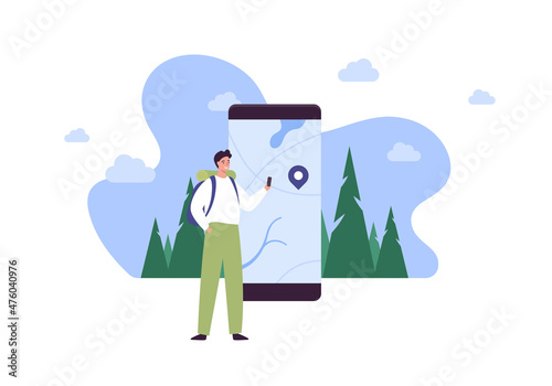 Tourism and hike adventure concept. Vector flat people illustration. Man tourist hold smartphone in hand. Map with direction on phone screen. Design for nature park trekking journey.