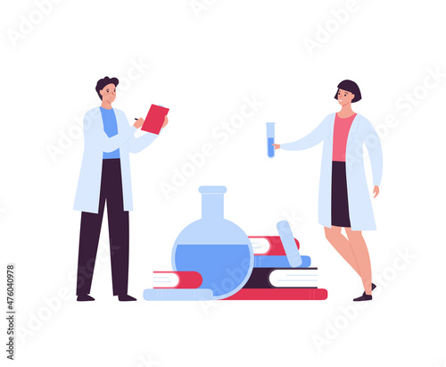 Education and science concept. Vector flat person illustration. Male and female diverse scientist team in lab coat. Book, beaker and test tube laboratory equipment symbol.