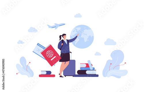 Education travel concept. Vector flat person illustration. Girl student in uniform with backback and baggage. Passport, ticket, book, plane and planet earth symbol. Design abroad educational trip photo