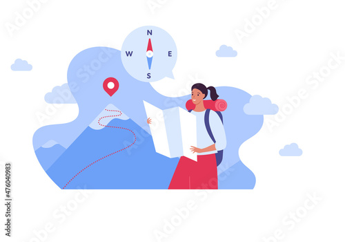 Tourism and hike adventure concept. Vector flat people illustration. Woman tourist with map in hands. Mountain with road, compass and pin on top symbol. Design for nature park trekking journey.