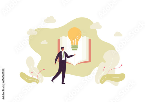 Education for business concept. Vector flat person illustration. Male businessman in suit with book and lightbulb idea symbol on nature abstract background. Design for mba courses, university
