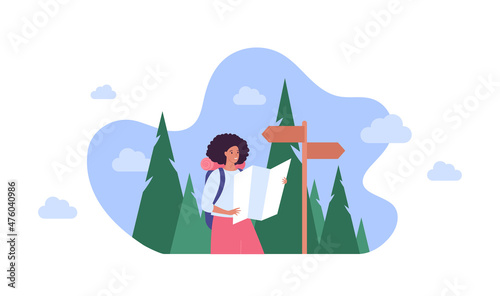 Tourism and hike adventure concept. Vector flat people illustration. Woman tourist with map in hands. Road sign and forest on background. Design for nature park trekking journey.