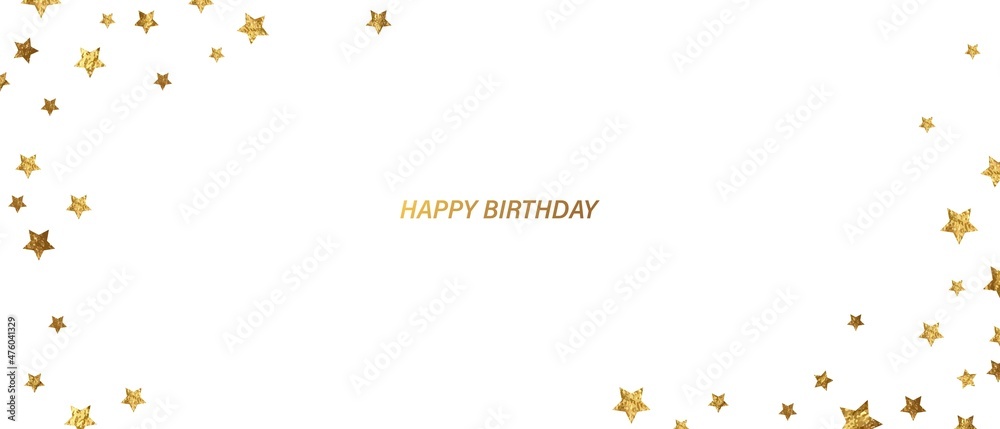 Card with golden confetti, stars. Holiday background design for invitation, thank you card, happy birthday
