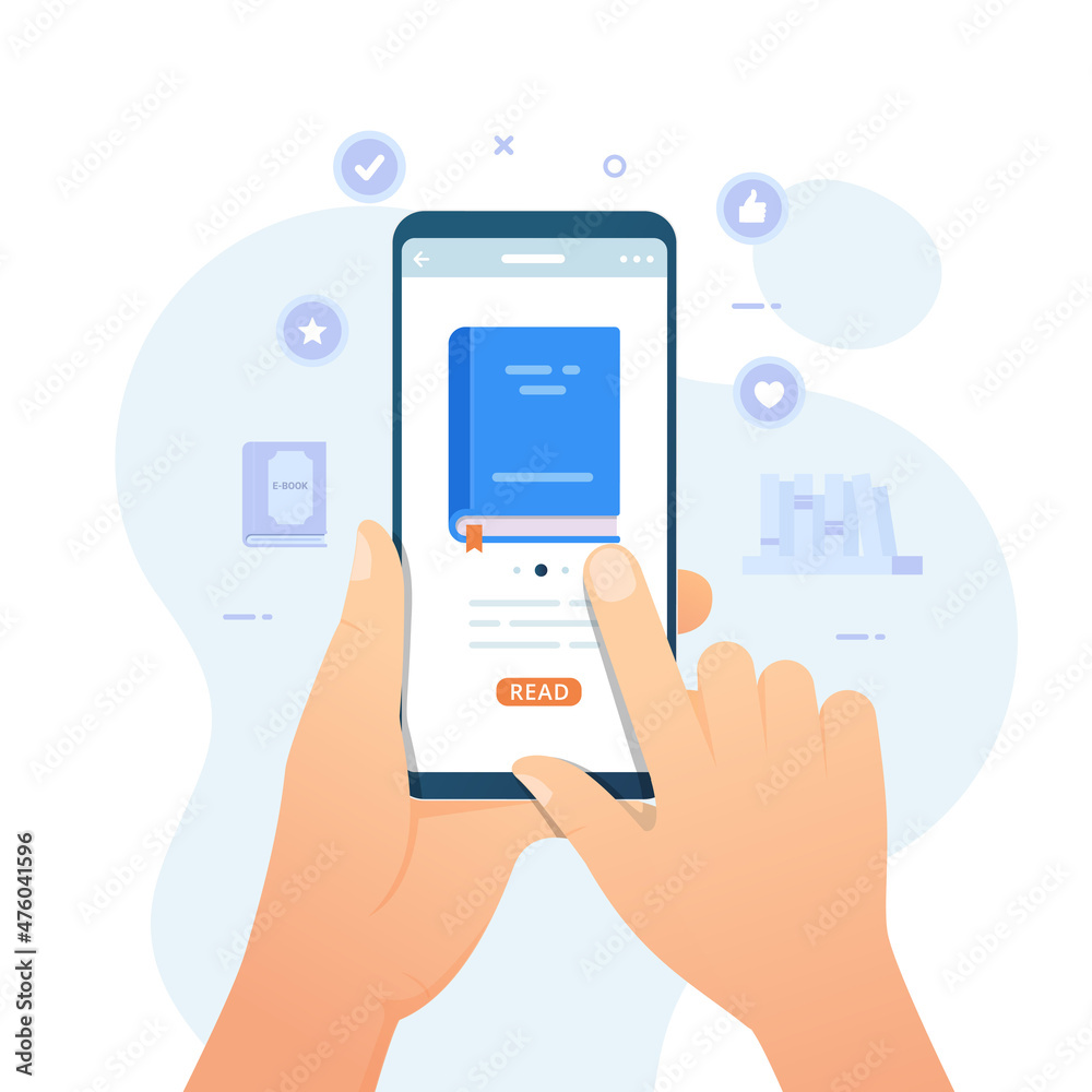 Hand holding phone with choosing ebooks reading design concept vector illustration Hand holding phone with choosing ebooks reading design concept vector illustration