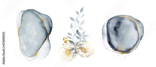 Watercolor art minimalistic print design kit. Hand painted blue spots, leaves, golden anemone flowers.