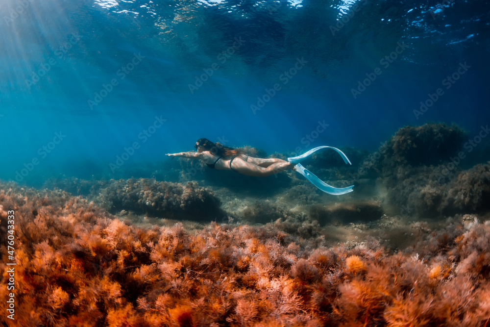 Free diver girl glides with fins and bottom with seaweed. Freediving with woman and beautiful light in ocean