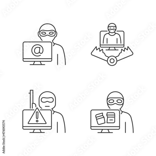 Cyber attacker linear icons set. Cyberterrorism. Cybercriminal trap. Computer disruption. Customizable thin line contour symbols. Isolated vector outline illustrations. Editable stroke