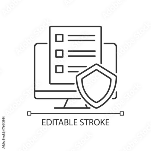 Cyber policy linear icon. Rules to protect users. Cybersecurity regulations. Thin line customizable illustration. Contour symbol. Vector isolated outline drawing. Editable stroke. Arial font used