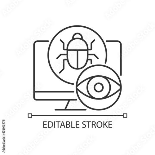 Spyware linear icon. Malicious software. Spying and monitoring malware. Thin line customizable illustration. Contour symbol. Vector isolated outline drawing. Editable stroke. Arial font used