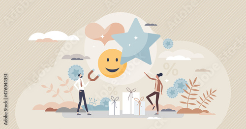 Customer loyalty and good retail service experience tiny person concept. Client care for good feedback ratings and brand recognition vector illustration. Loyal consumer attraction to reliable product.