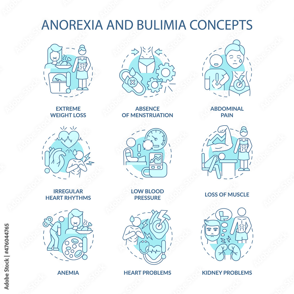 Anorexia and bulimia nervosa turquoise concept icons set. Eating disorders idea thin line color illustrations. Isolated outline drawings. Editable stroke. Roboto-Medium, Myriad Pro-Bold fonts used