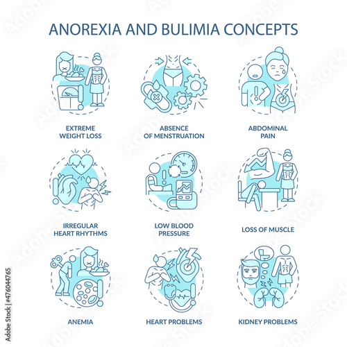 Anorexia and bulimia nervosa turquoise concept icons set. Eating disorders idea thin line color illustrations. Isolated outline drawings. Editable stroke. Roboto-Medium  Myriad Pro-Bold fonts used